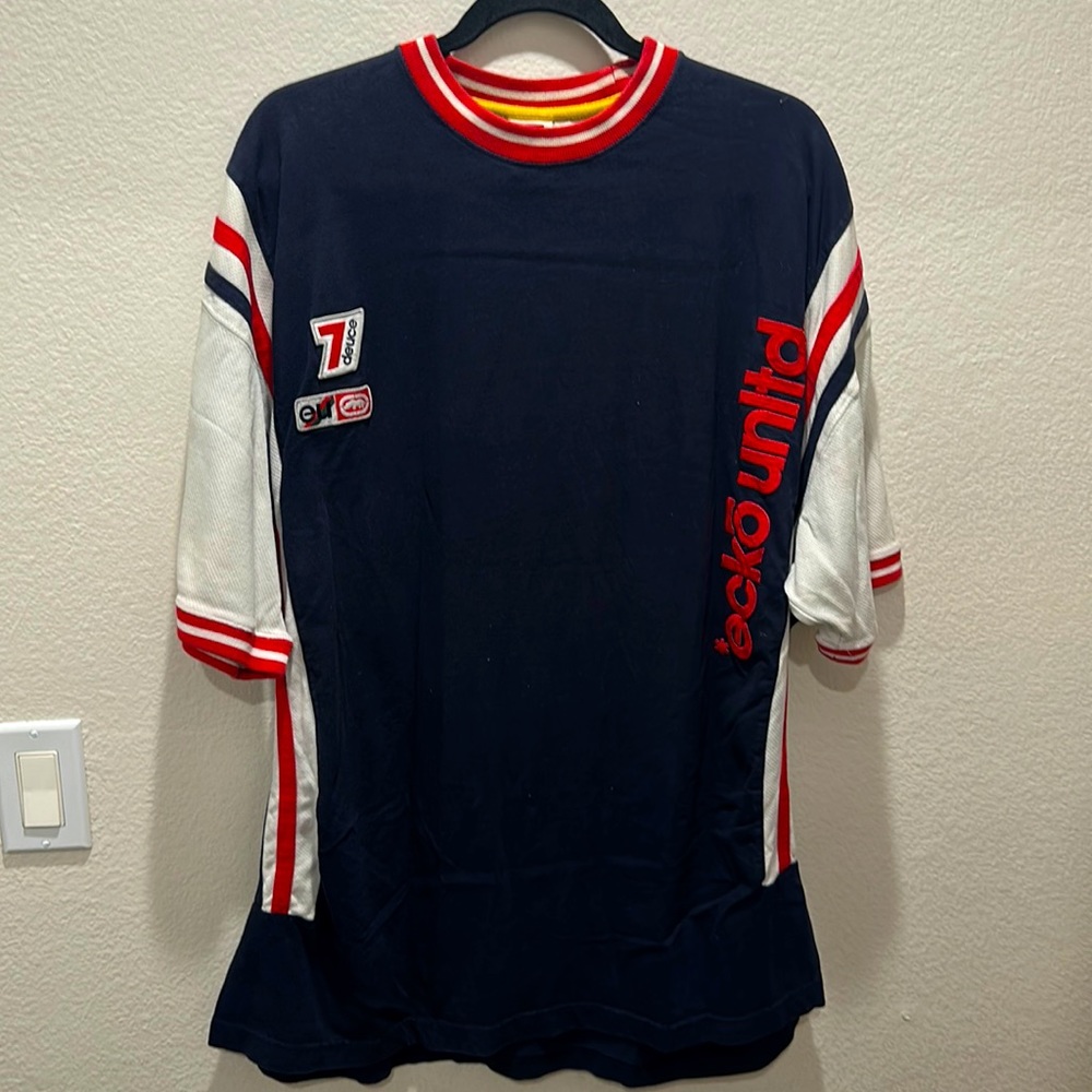 Vintage Marc Ecko Unlimtd Navy Blue/White Knit T-Shirt y2k Mens 2XL Good condit.